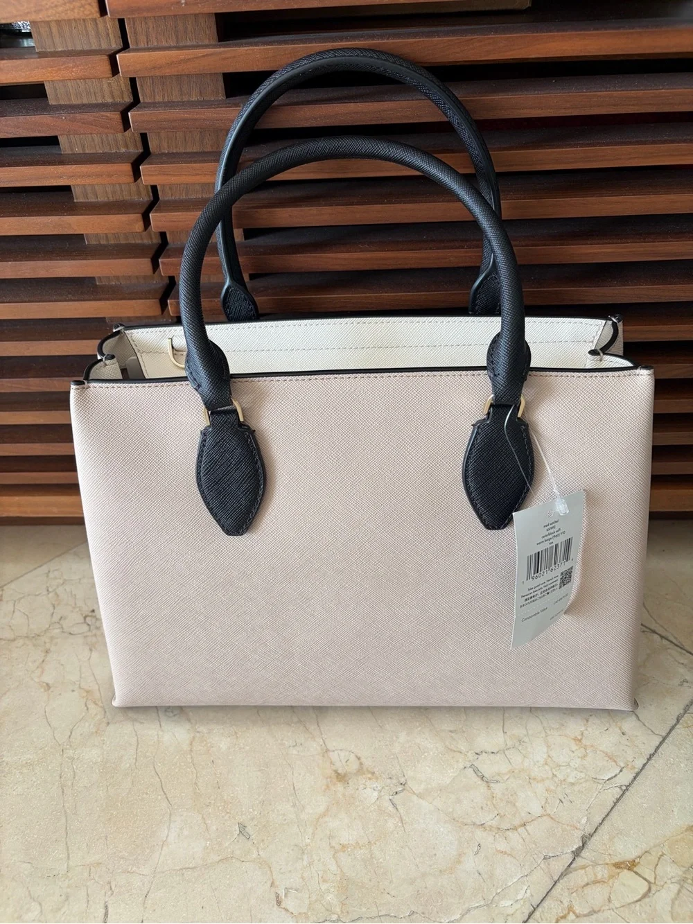 Kate Spade Rae Medium Satchel Warm Beige Black Saffiano NWT KK992